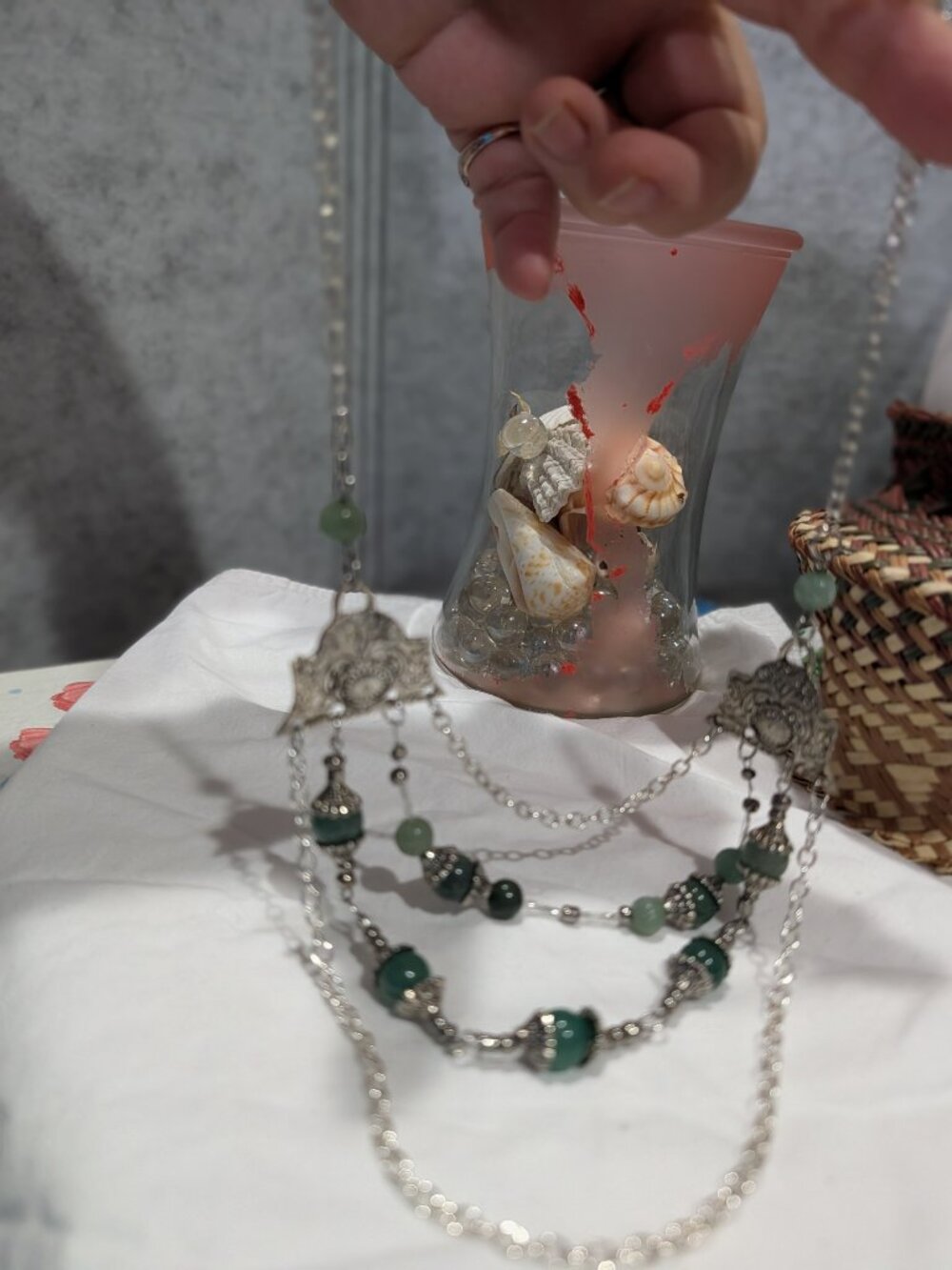 Vintage Multi-Strand Silver Chain Green Bead Statement Necklace Ornate Festoon